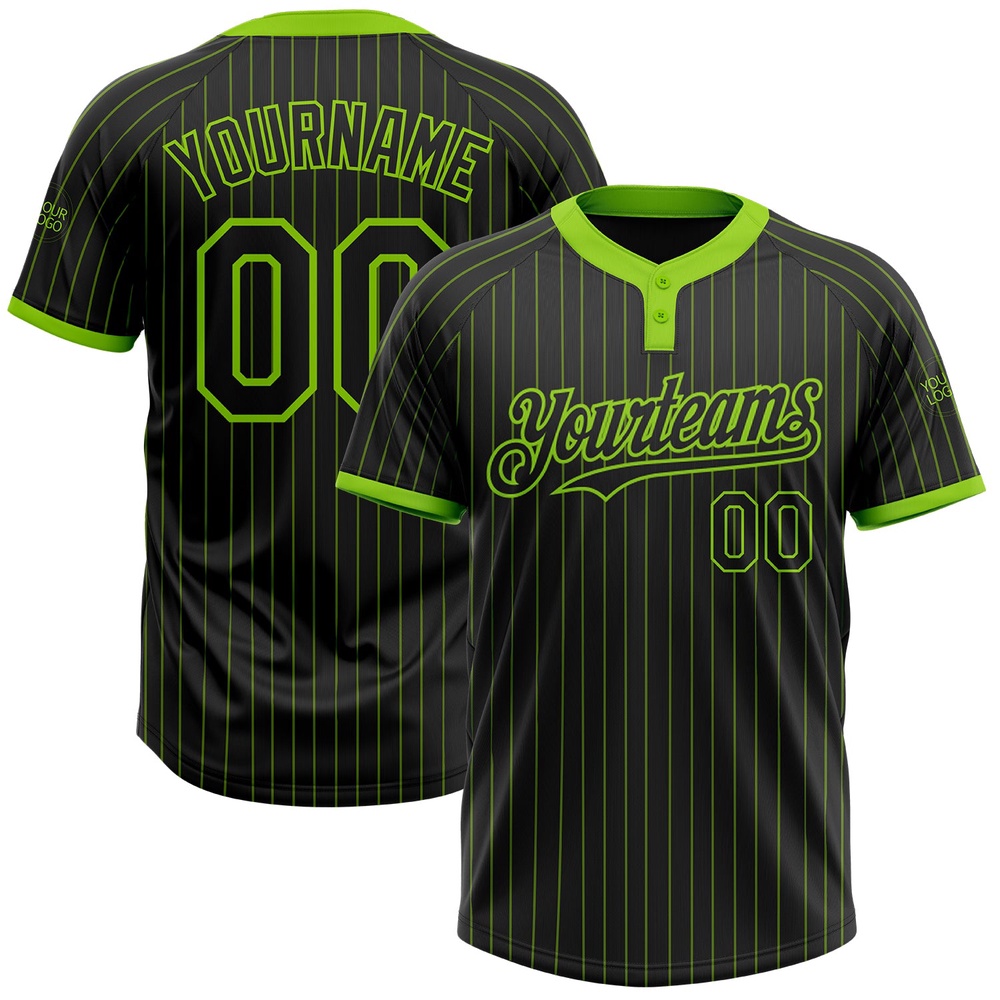 Black Neon Green Pinstripe Neon Green Two Button Unisex Softball Jersey, Custom Team Softball Jersey