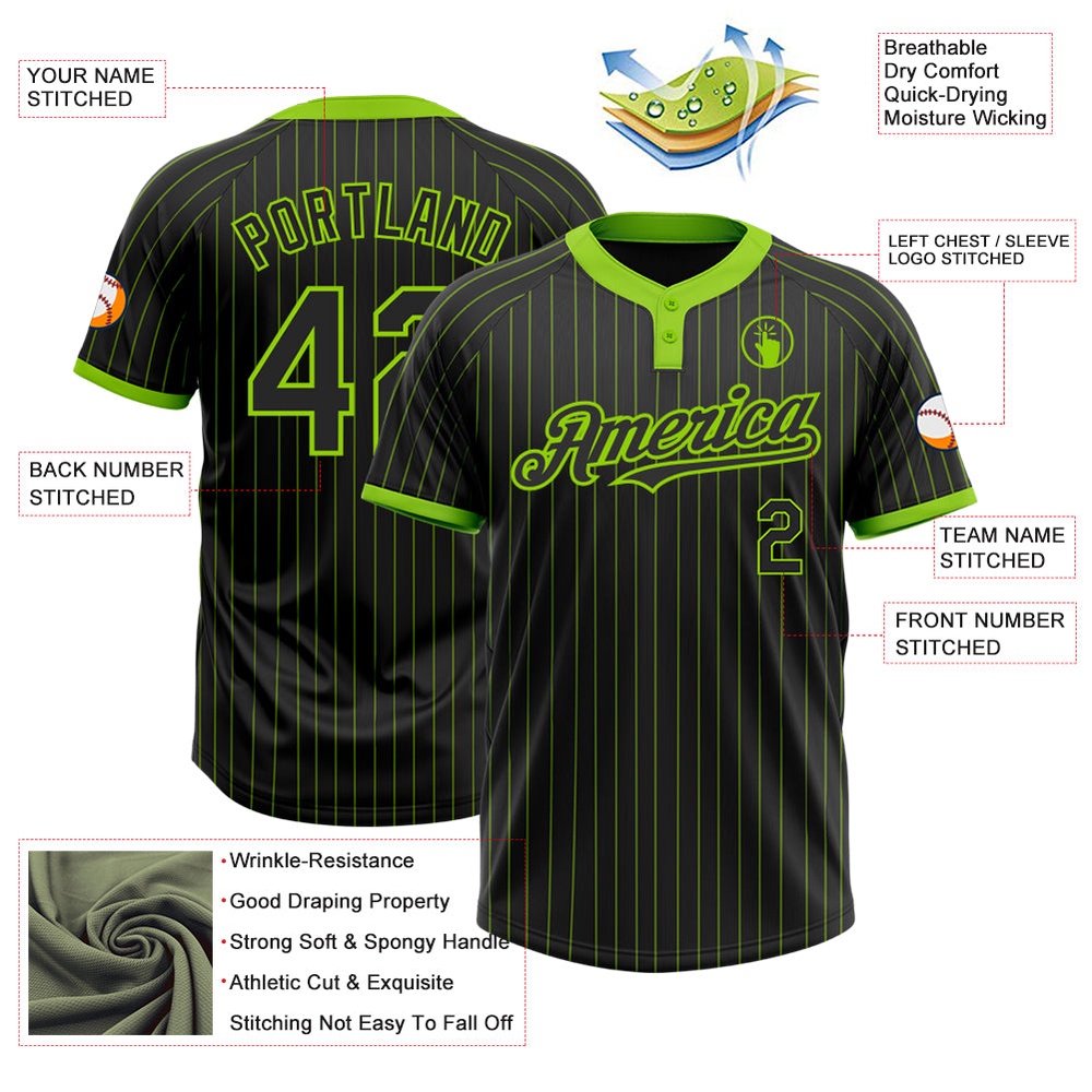 Black Neon Green Pinstripe Neon Green Two Button Unisex Softball Jersey, Custom Team Softball Jersey