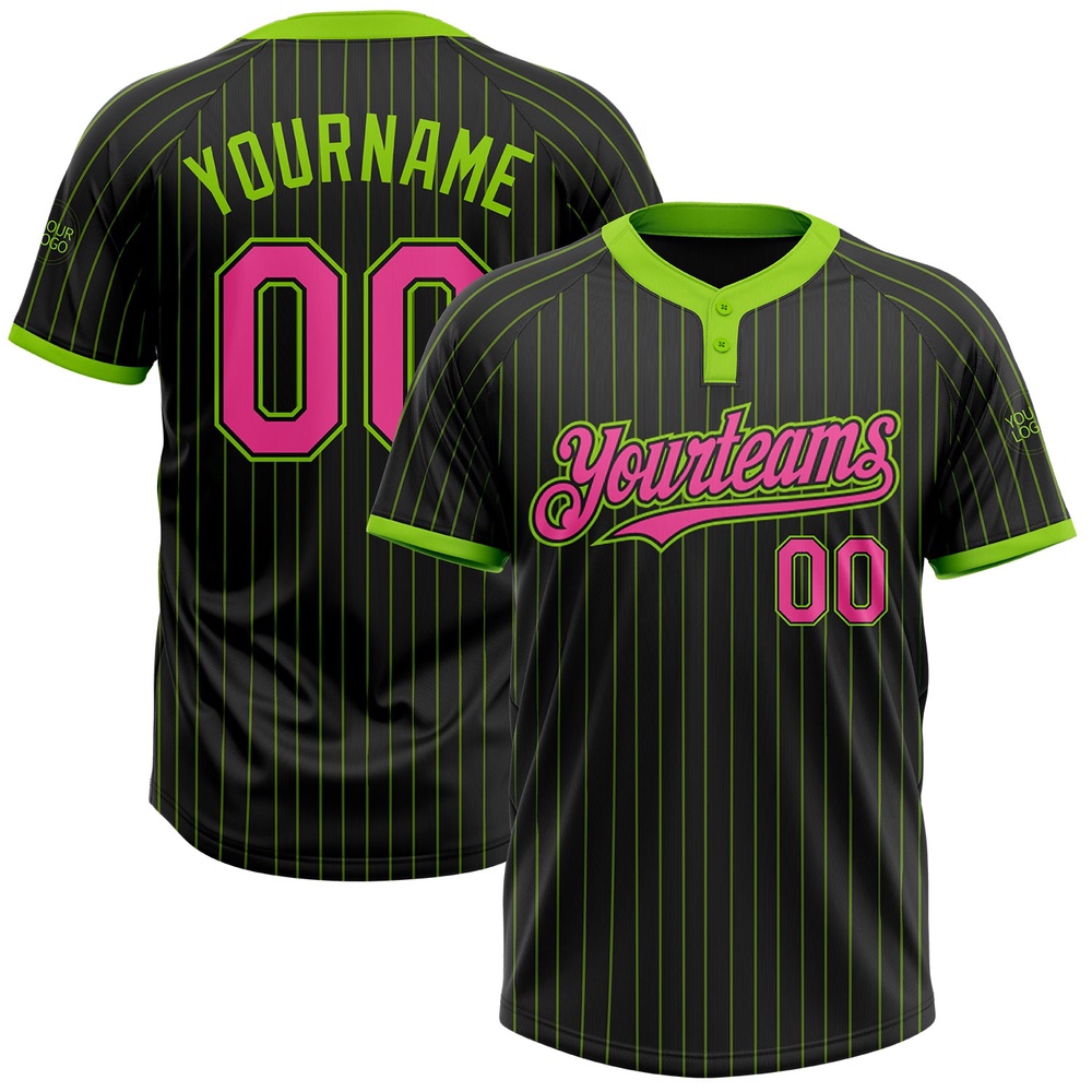 Black Neon Green Pinstripe Pink Two Button Unisex Softball Jersey, Custom Team Softball Jersey