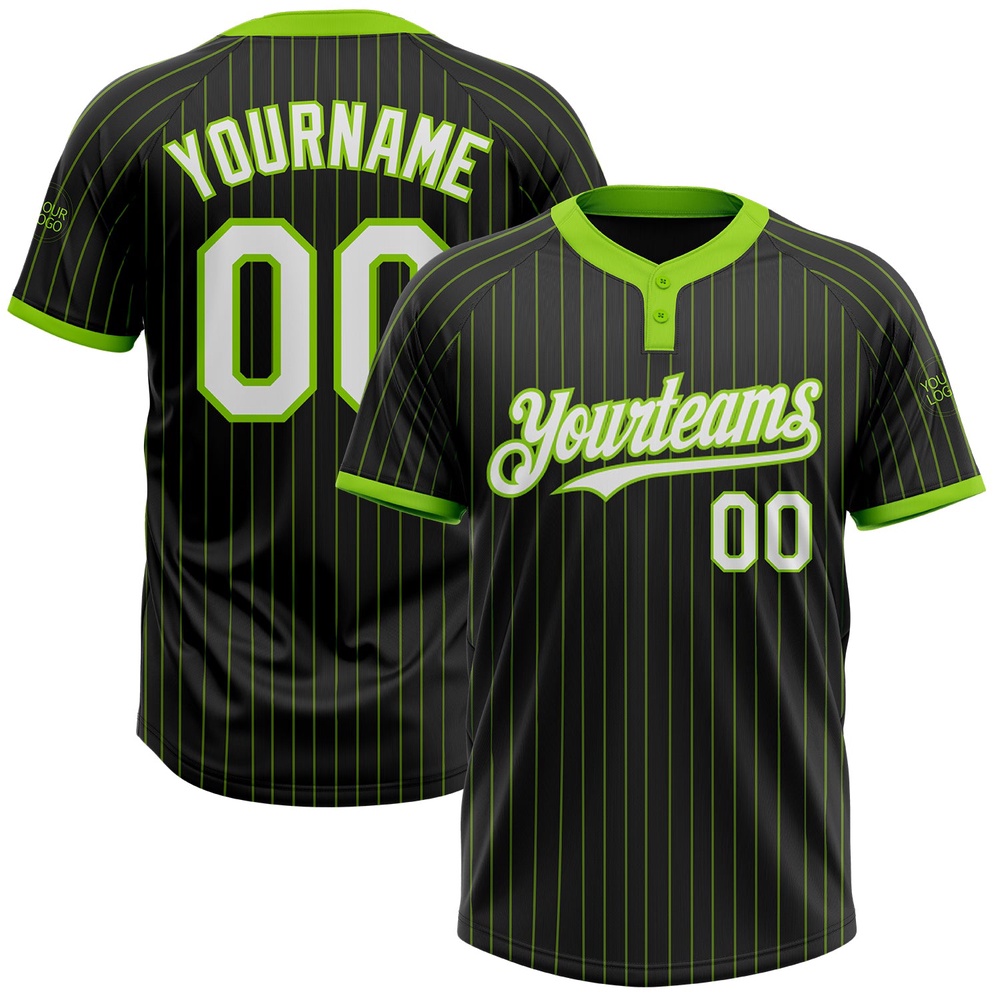 Black Neon Green Pinstripe White Two Button Unisex Softball Jersey, Custom Team Softball Jersey