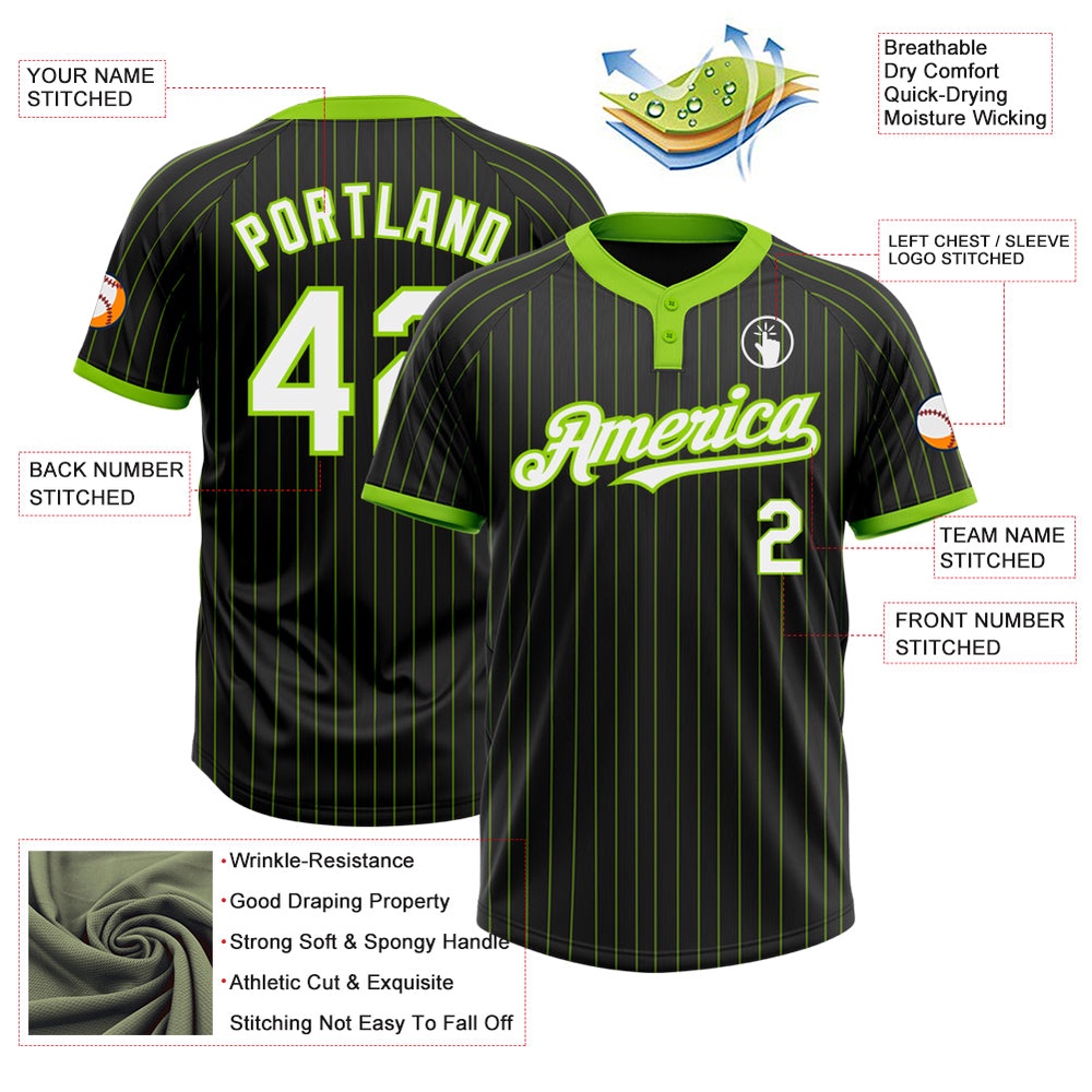 Black Neon Green Pinstripe White Two Button Unisex Softball Jersey, Custom Team Softball Jersey