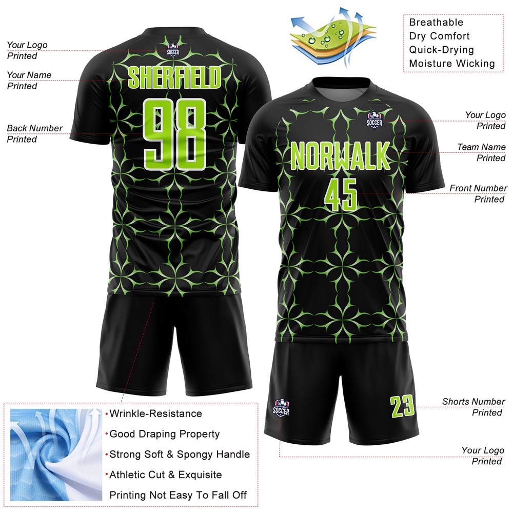 Black Neon Green White Damask Pattern Sublimation Soccer Uniform Jersey, Custom Team Soccer Jersey Shirt