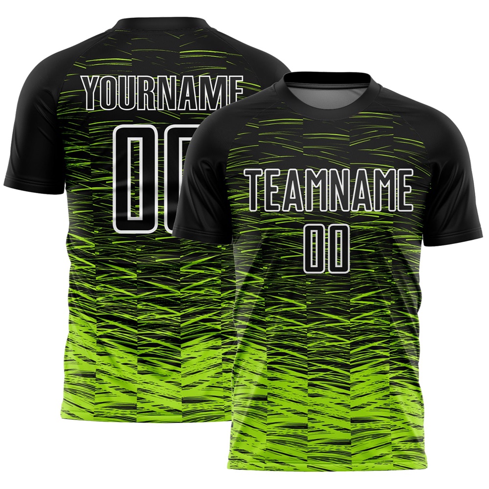 Black Neon Green White Line Sublimation Soccer Uniform Jersey, Custom Team Soccer Jersey Shirt