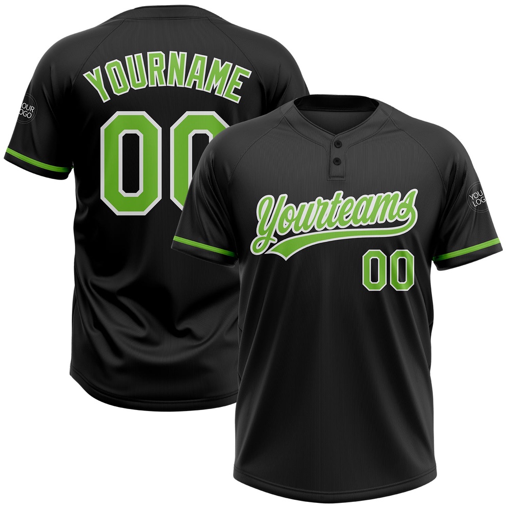 Black Neon Green White Two Button Unisex Softball Jersey, Custom Team Softball Jersey Black Neon Green White Two Button Unisex Softball Jersey, Custom Team Softball Jersey