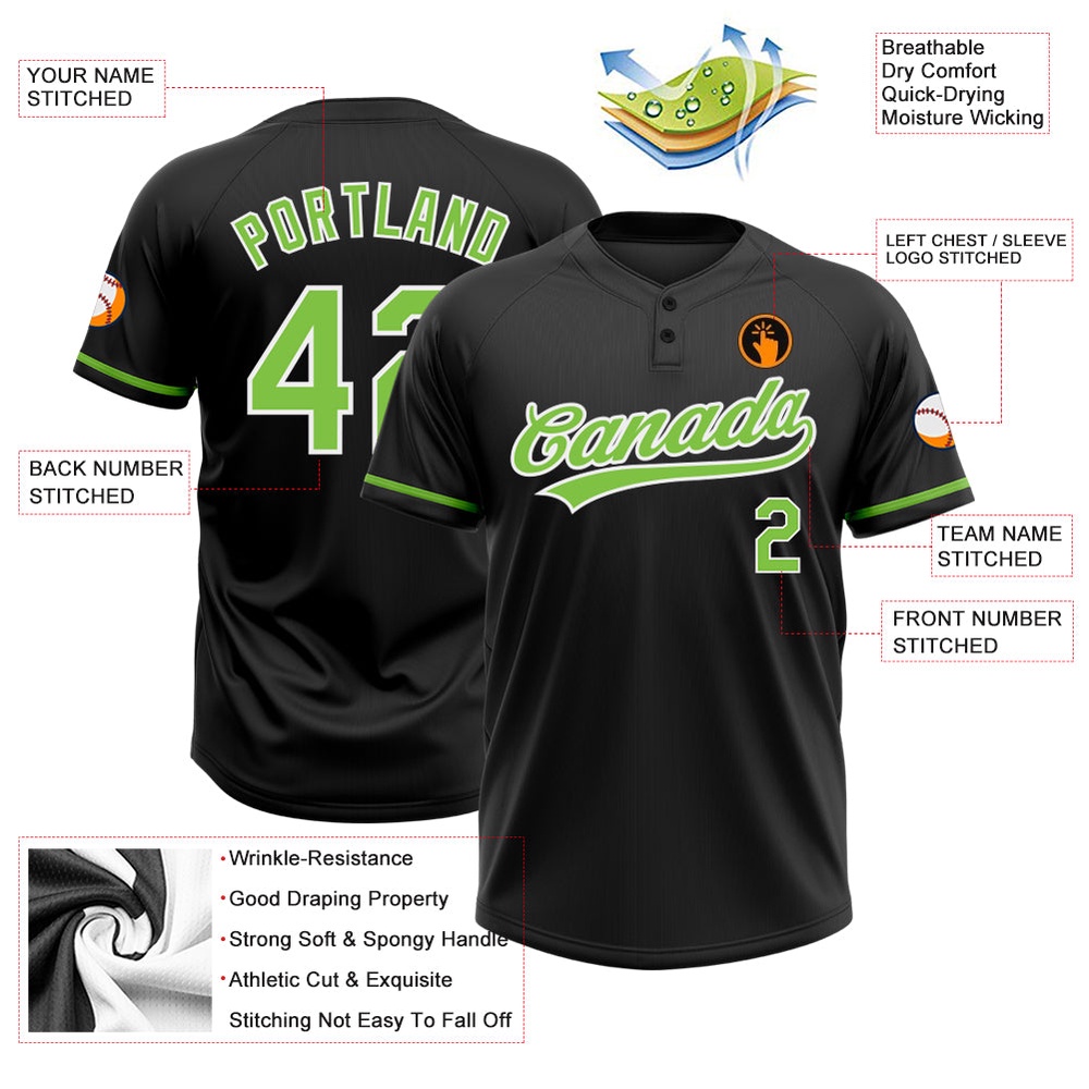 Black Neon Green White Two Button Unisex Softball Jersey, Custom Team Softball Jersey Black Neon Green White Two Button Unisex Softball Jersey, Custom Team Softball Jersey