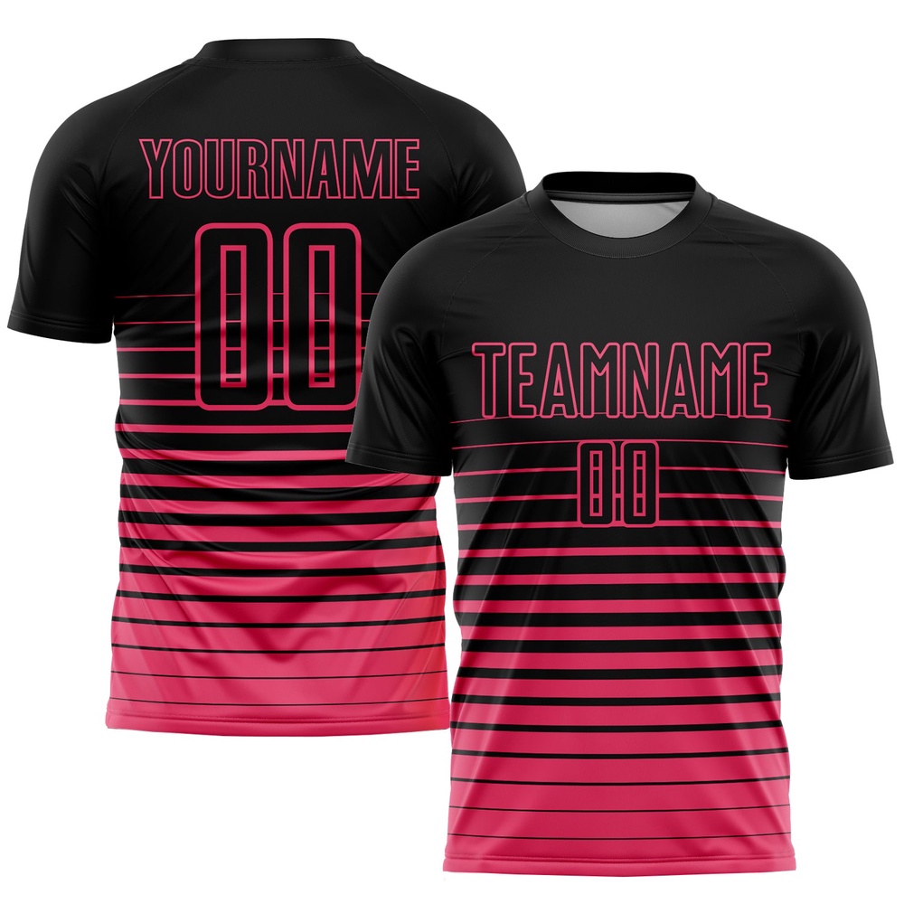 Black Neon Pink Pinstripe Fade Fashion Sublimation Soccer Uniform Jersey, Custom Team Soccer Jersey Shirt