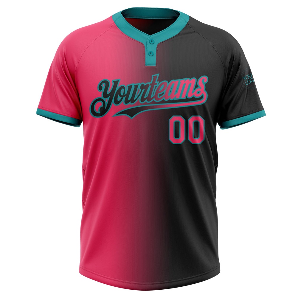 Black Neon Pink Teal Gradient Fashion Two Button Unisex Softball Jersey, Custom Team Softball Jersey
