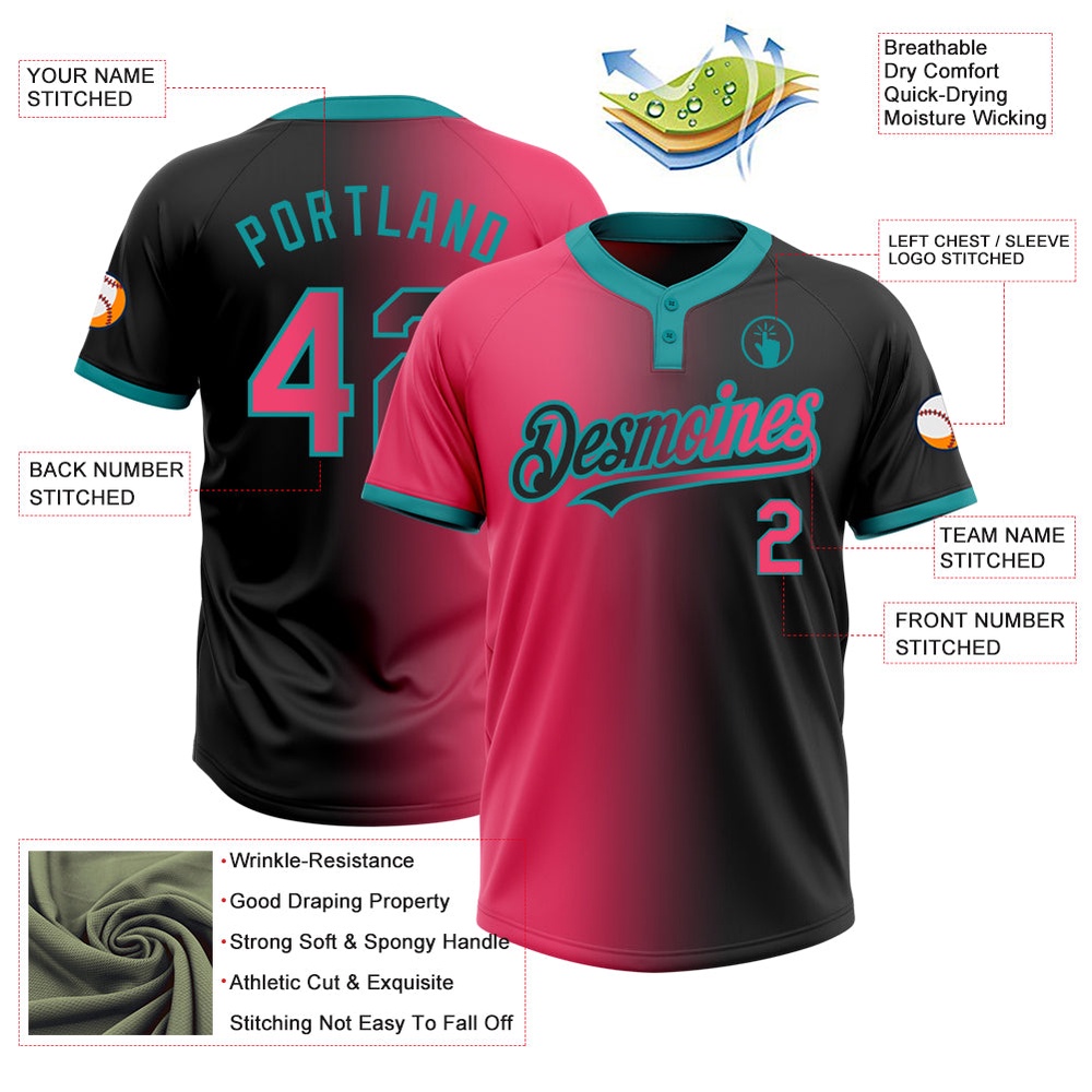 Black Neon Pink Teal Gradient Fashion Two Button Unisex Softball Jersey, Custom Team Softball Jersey
