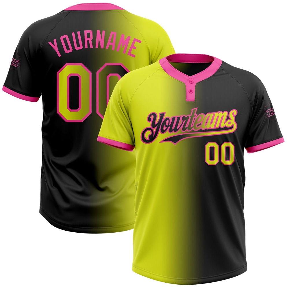 Black Neon Yellow Pink Gradient Fashion Two Button Unisex Softball Jersey, Custom Team Softball Jersey