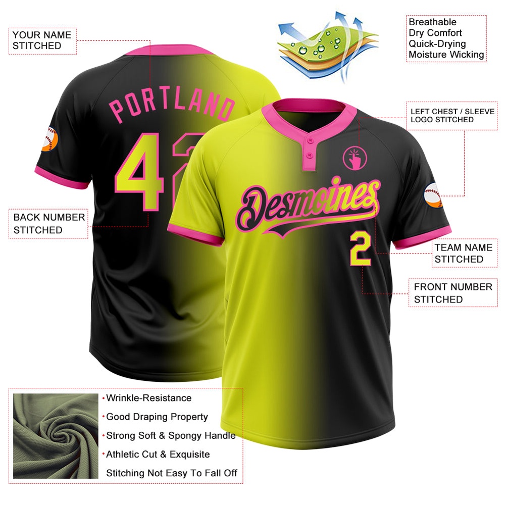 Black Neon Yellow Pink Gradient Fashion Two Button Unisex Softball Jersey, Custom Team Softball Jersey