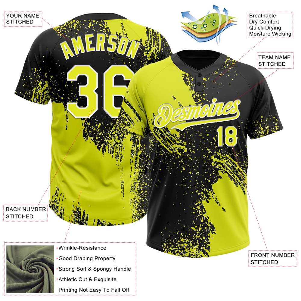 Black Neon Yellow White 3D Pattern Abstract Brush Stroke Two Button Unisex Softball Jersey, Custom Team Softball Jersey Black Neon Yellow White 3D Pattern Abstract Brush Stroke Two Button Unisex Softball Jersey, Custom Team Softball Jersey