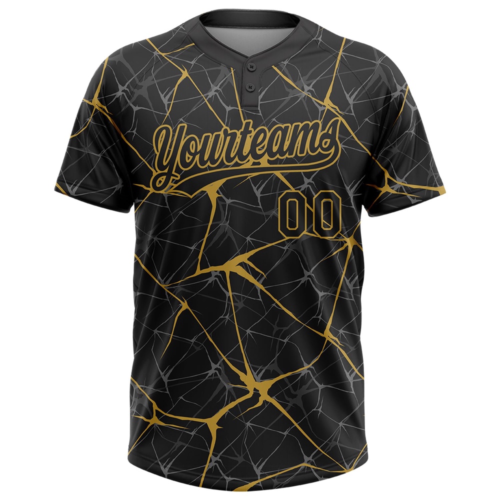 Black Old Gold 3D Pattern Abstract Network Two Button Unisex Softball Jersey, Custom Team Softball Jersey