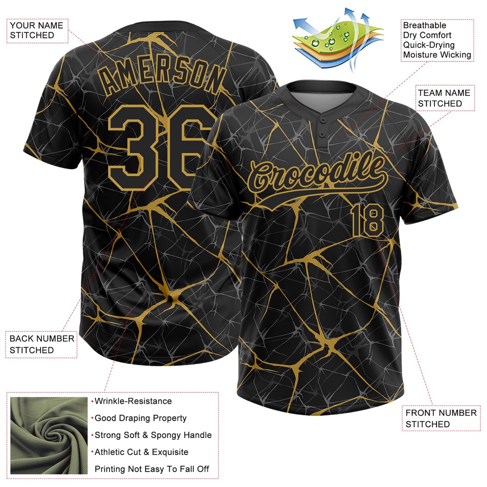 Black Old Gold 3D Pattern Abstract Network Two Button Unisex Softball Jersey, Custom Team Softball Jersey