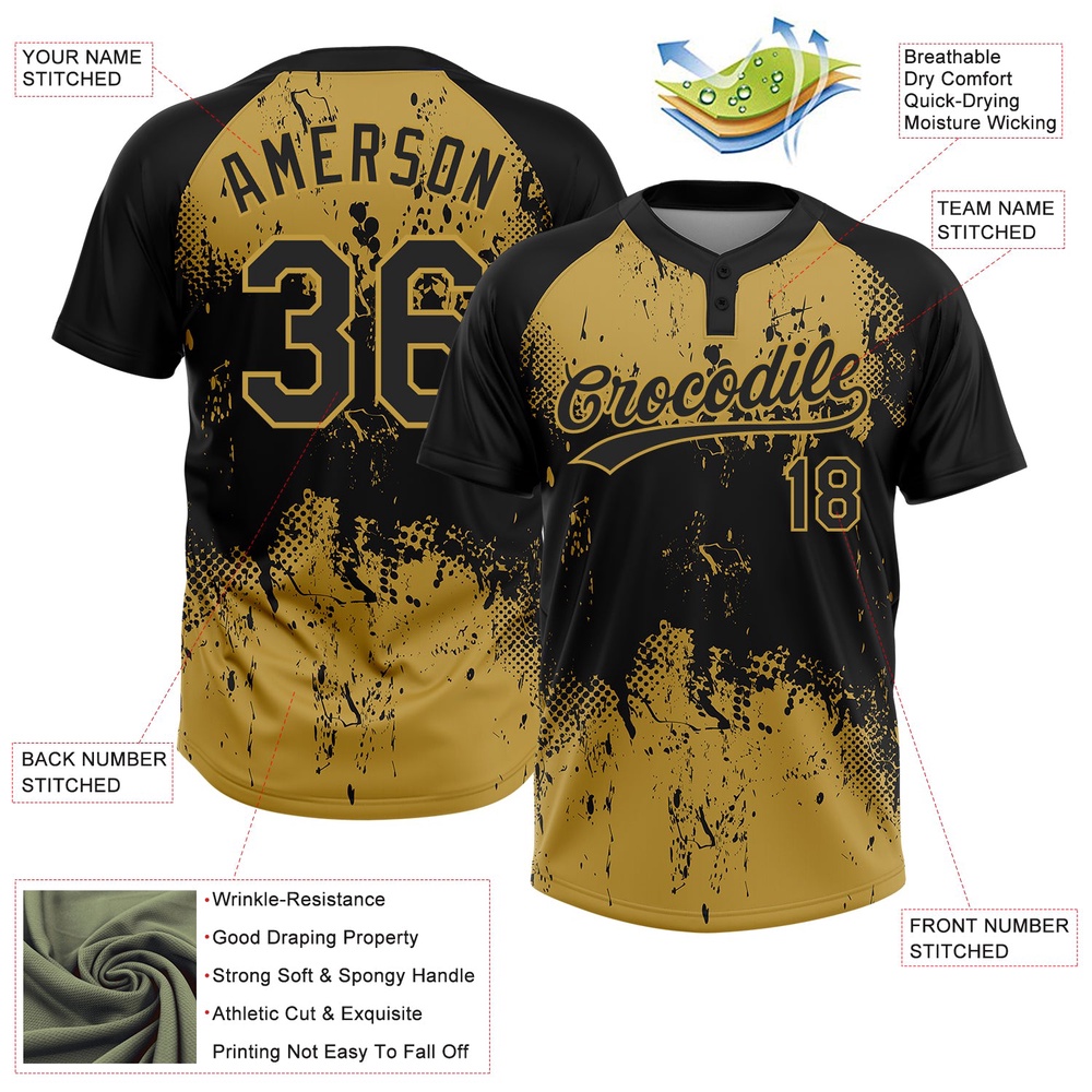 Black Old Gold 3D Pattern Abstract Splatter Grunge Art Two Button Unisex Softball Jersey, Custom Team Softball Jersey Black Old Gold 3D Pattern Abstract Splatter Grunge Art Two Button Unisex Softball Jersey, Custom Team Softball Jersey