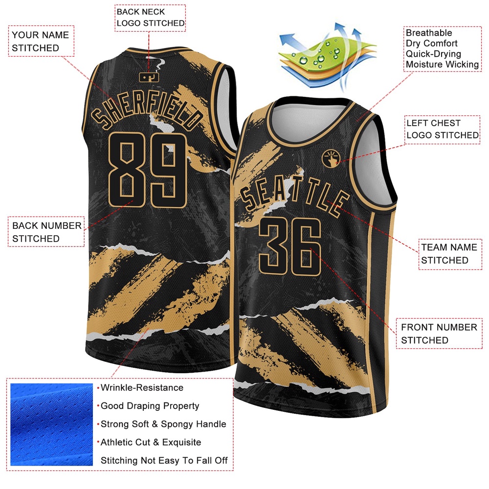 Black Old Gold 3D Pattern Design Torn Paper Style Authentic Basketball Jersey, Custom Team Soccer Jersey Shirt