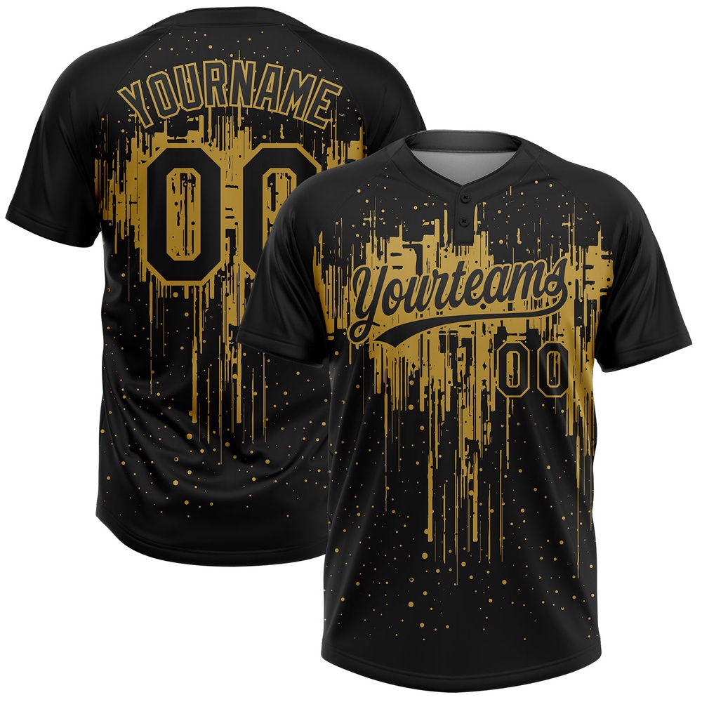Black Old Gold 3D Pattern Dripping Splatter Art Two Button Unisex Softball Jersey, Custom Team Softball Jersey Black Old Gold 3D Pattern Dripping Splatter Art Two Button Unisex Softball Jersey, Custom Team Softball Jersey