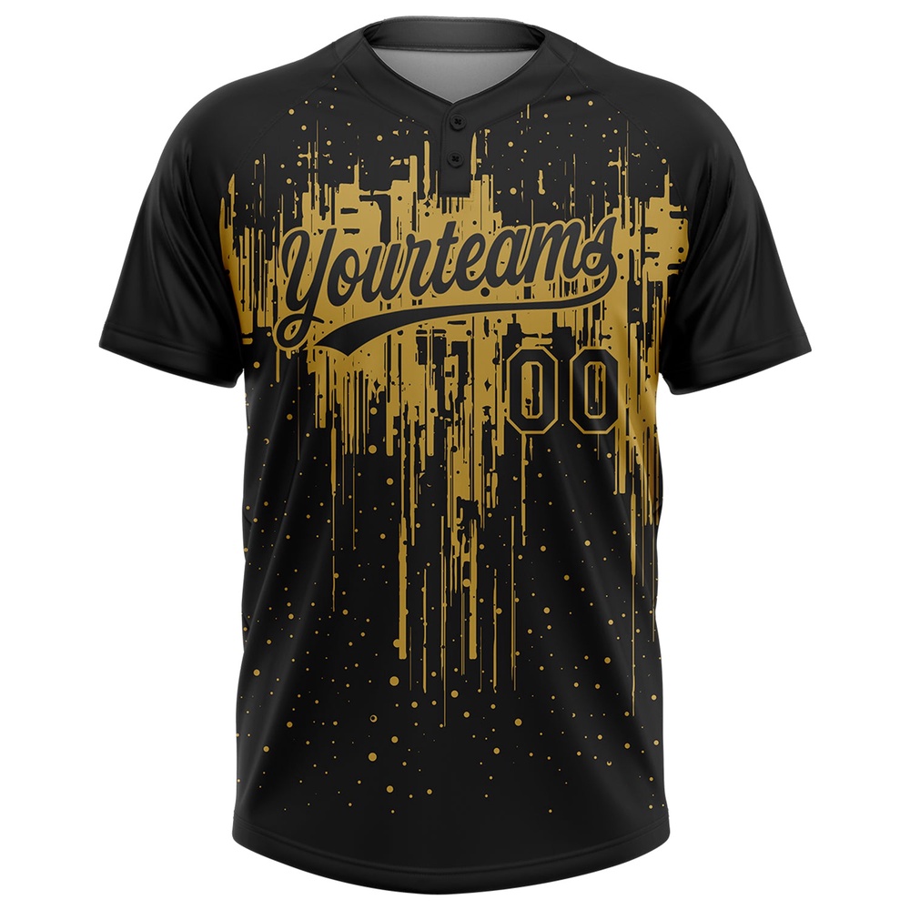 Black Old Gold 3D Pattern Dripping Splatter Art Two Button Unisex Softball Jersey, Custom Team Softball Jersey Black Old Gold 3D Pattern Dripping Splatter Art Two Button Unisex Softball Jersey, Custom Team Softball Jersey