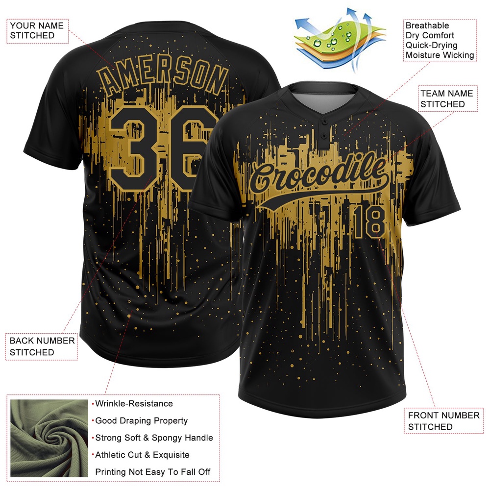 Black Old Gold 3D Pattern Dripping Splatter Art Two Button Unisex Softball Jersey, Custom Team Softball Jersey Black Old Gold 3D Pattern Dripping Splatter Art Two Button Unisex Softball Jersey, Custom Team Softball Jersey