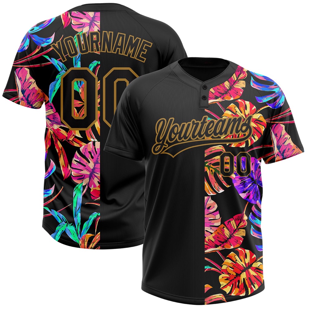 Black Old Gold 3D Pattern Hawaii Tropical Palm Leaves Two Button Unisex Softball Jersey, Custom Team Softball Jersey Black Old Gold 3D Pattern Hawaii Tropical Palm Leaves Two Button Unisex Softball Jersey, Custom Team Softball Jersey