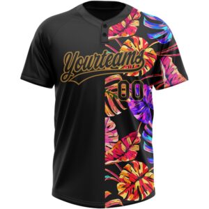 Black Old Gold 3D Pattern Hawaii Tropical Palm Leaves Two Button Unisex Softball Jersey Custom Team Softball Jersey 2 sillmt.jpg