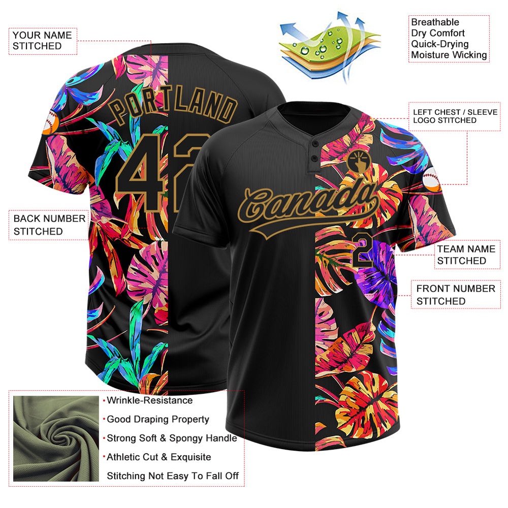 Black Old Gold 3D Pattern Hawaii Tropical Palm Leaves Two Button Unisex Softball Jersey, Custom Team Softball Jersey Black Old Gold 3D Pattern Hawaii Tropical Palm Leaves Two Button Unisex Softball Jersey, Custom Team Softball Jersey