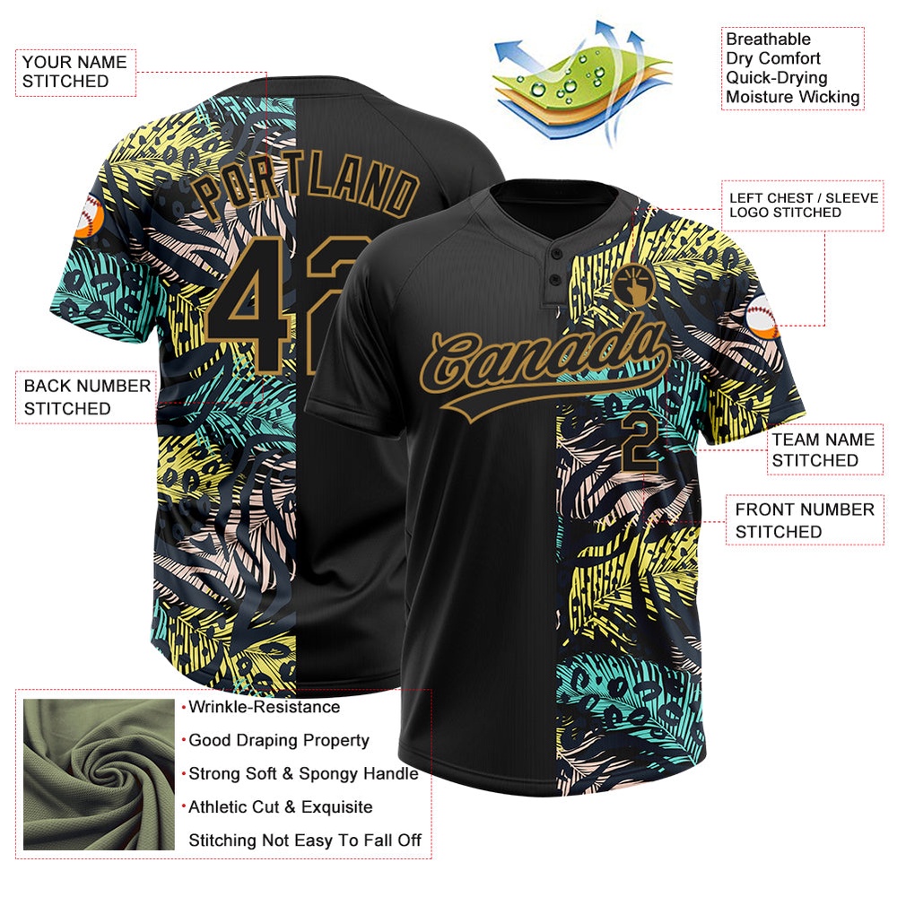 Black Old Gold 3D Pattern Hawaii Tropical Palm Leaves With Animal Print Two Button Unisex Softball Jersey, Custom Team Softball Jersey Black Old Gold 3D Pattern Hawaii Tropical Palm Leaves With Animal Print Two Button Unisex Softball Jersey, Custom Team Softball Jersey