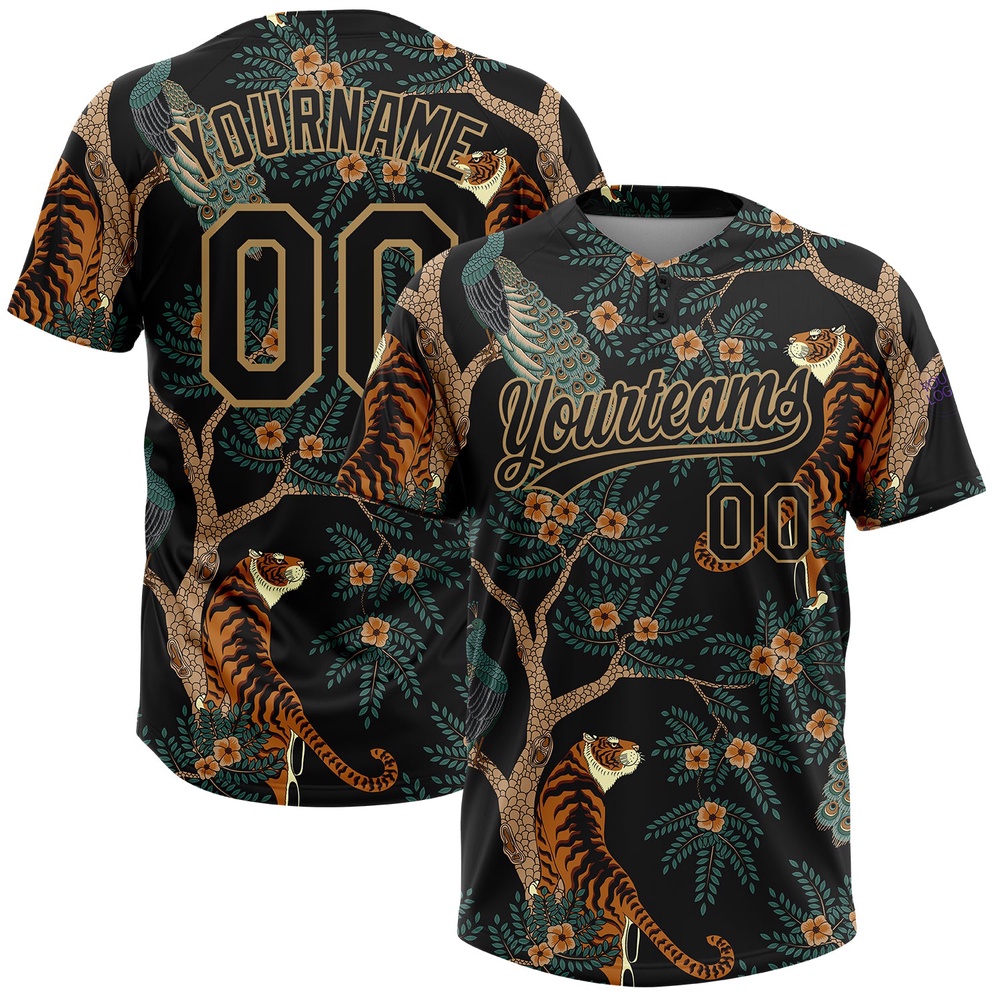 Black Old Gold 3D Pattern Tiger And Peacock Two Button Unisex Softball Jersey, Custom Team Softball Jersey Black Old Gold 3D Pattern Tiger And Peacock Two Button Unisex Softball Jersey, Custom Team Softball Jersey