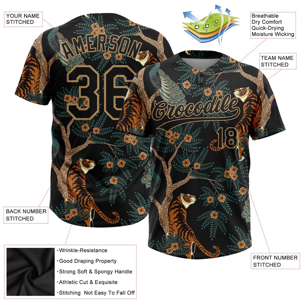 Black Old Gold 3D Pattern Tiger And Peacock Two Button Unisex Softball Jersey, Custom Team Softball Jersey Black Old Gold 3D Pattern Tiger And Peacock Two Button Unisex Softball Jersey, Custom Team Softball Jersey