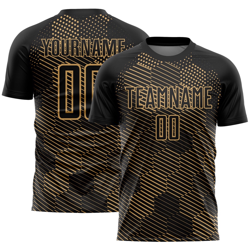 Black Old Gold Abstract Hexagon Sublimation Soccer Uniform Jersey, Custom Team Soccer Jersey Shirt