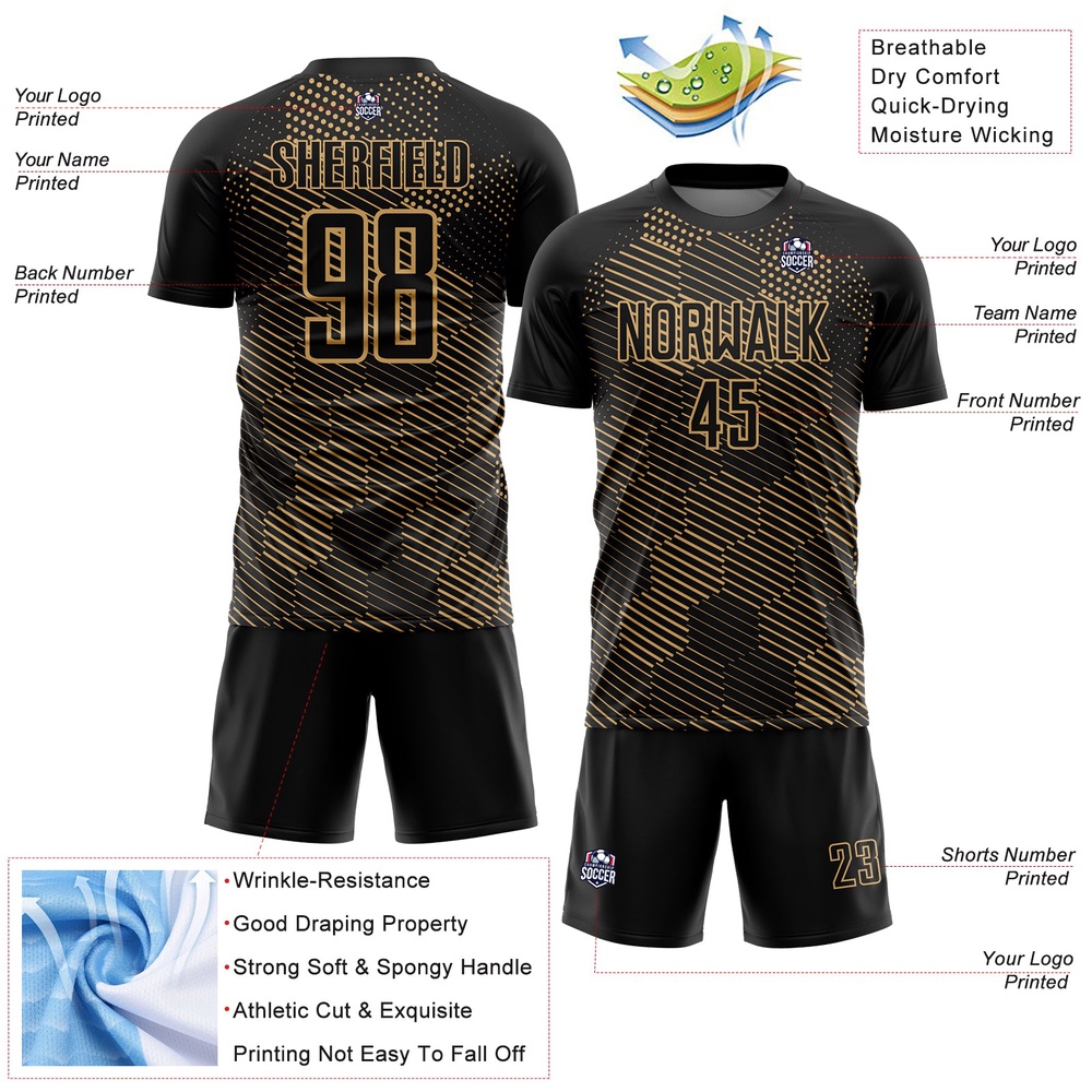 Black Old Gold Abstract Hexagon Sublimation Soccer Uniform Jersey, Custom Team Soccer Jersey Shirt