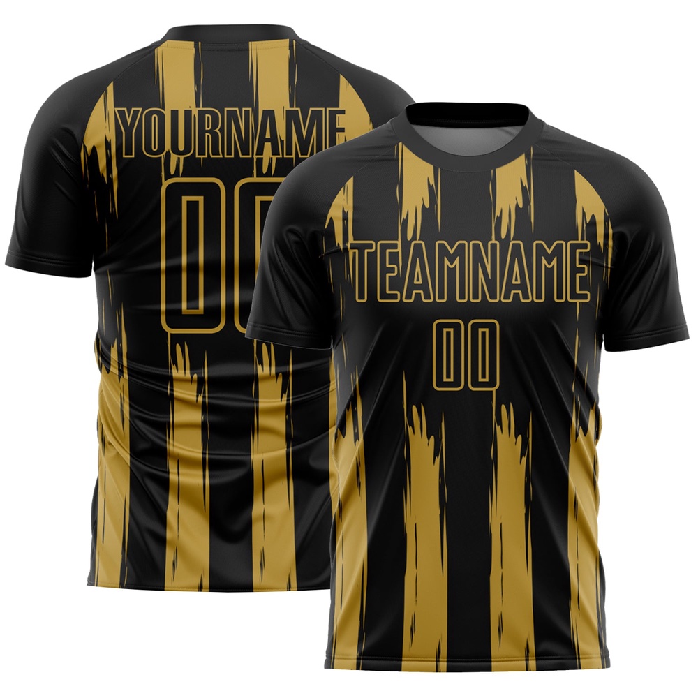 Black Old Gold Abstract Stripes Sublimation Soccer Uniform Jersey, Custom Team Soccer Jersey Shirt