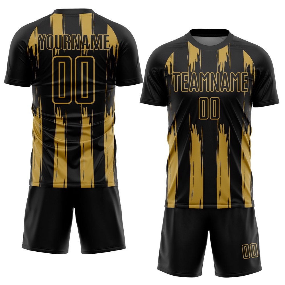Black Old Gold Abstract Stripes Sublimation Soccer Uniform Jersey, Custom Team Soccer Jersey Shirt
