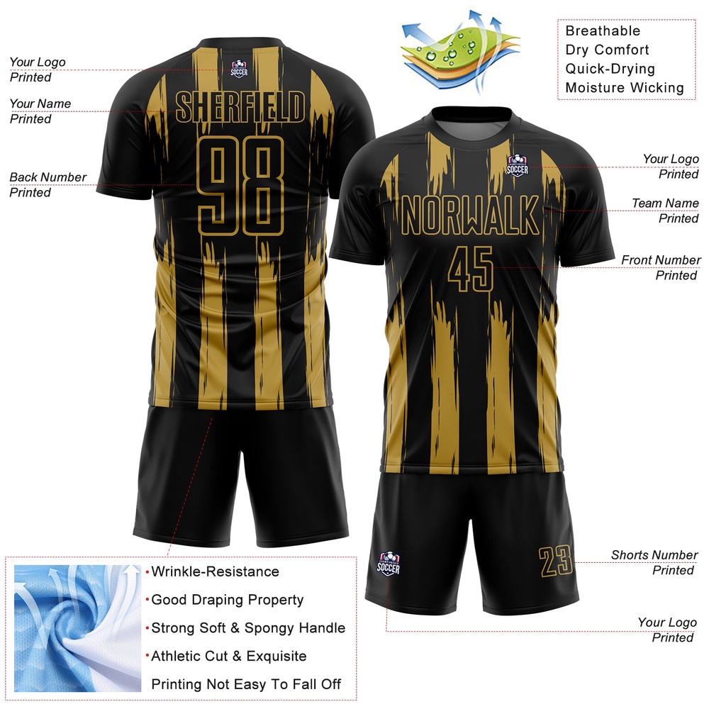 Black Old Gold Abstract Stripes Sublimation Soccer Uniform Jersey, Custom Team Soccer Jersey Shirt