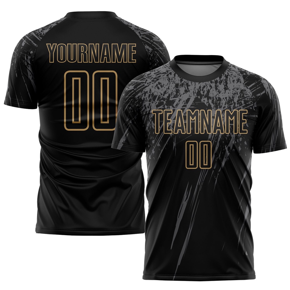 Black Old Gold Gray Sublimation Soccer Uniform Jersey, Custom Team Soccer Jersey Shirt Black Old Gold Gray Sublimation Soccer Uniform Jersey, Custom Team Soccer Jersey Shirt