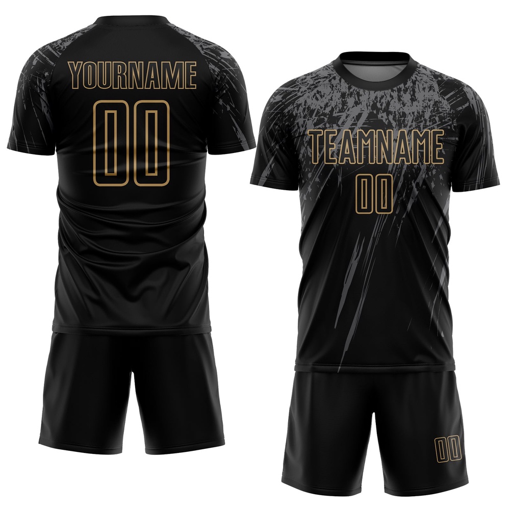Black Old Gold Gray Sublimation Soccer Uniform Jersey, Custom Team Soccer Jersey Shirt Black Old Gold Gray Sublimation Soccer Uniform Jersey, Custom Team Soccer Jersey Shirt