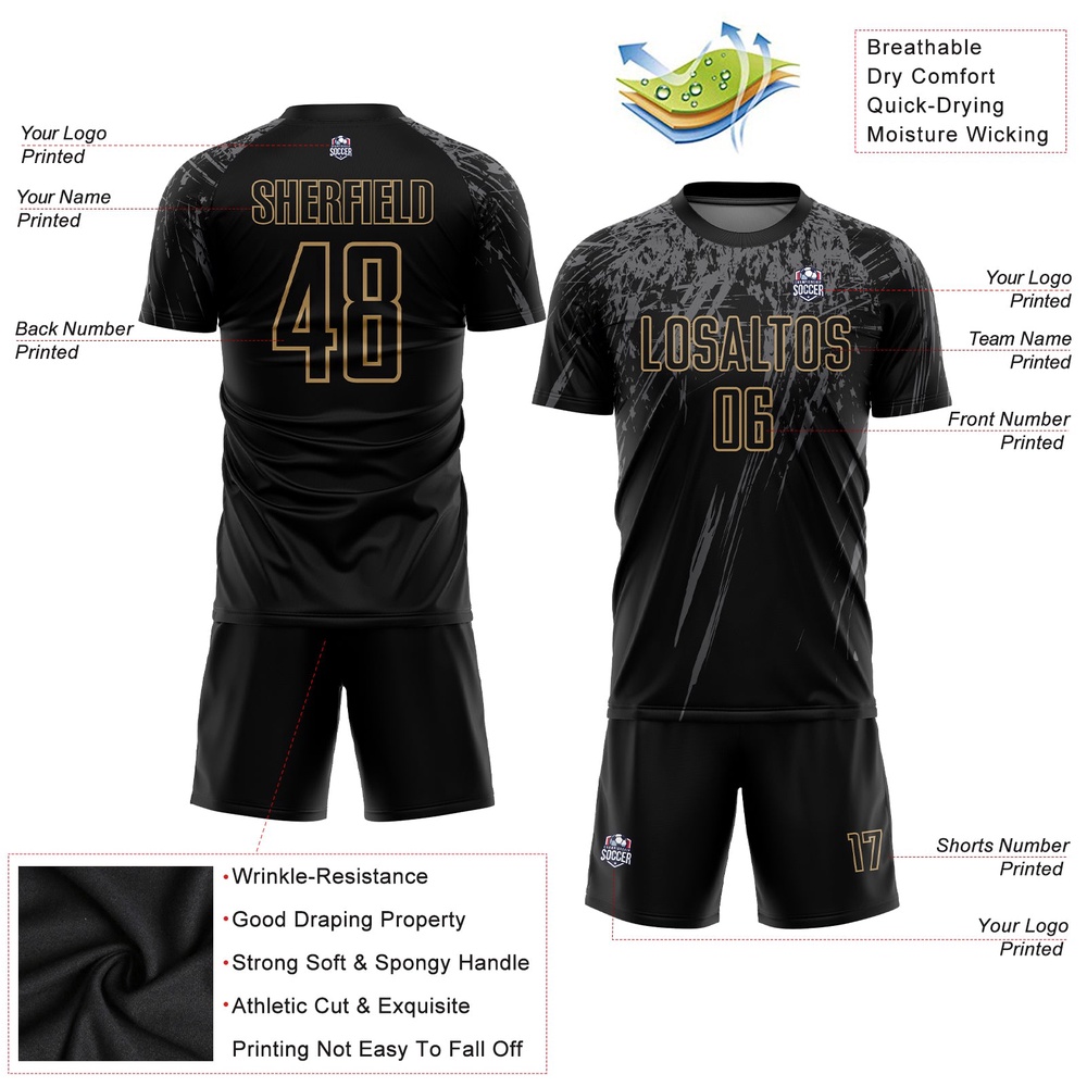 Black Old Gold Gray Sublimation Soccer Uniform Jersey, Custom Team Soccer Jersey Shirt Black Old Gold Gray Sublimation Soccer Uniform Jersey, Custom Team Soccer Jersey Shirt