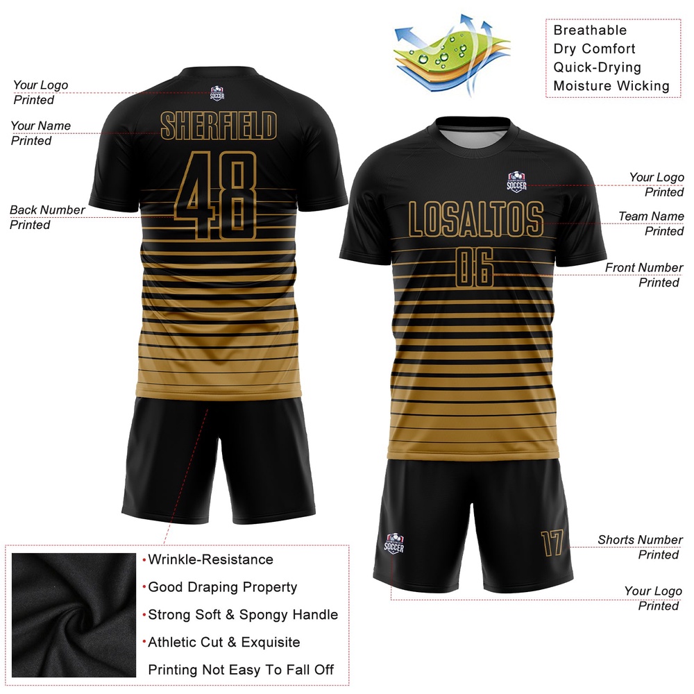 Black Old Gold Pinstripe Fade Fashion Sublimation Soccer Uniform Jersey, Custom Team Soccer Jersey Shirt Black Old Gold Pinstripe Fade Fashion Sublimation Soccer Uniform Jersey, Custom Team Soccer Jersey Shirt