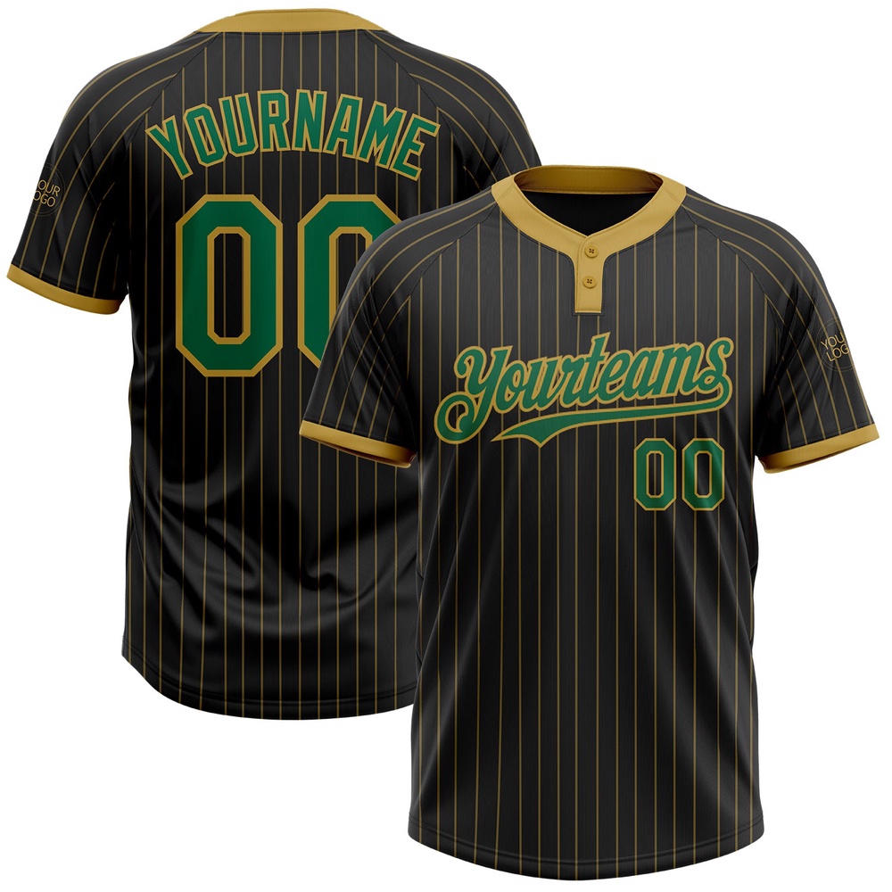 Black Old Gold Pinstripe Kelly Green Two Button Unisex Softball Jersey, Custom Team Softball Jersey Black Old Gold Pinstripe Kelly Green Two Button Unisex Softball Jersey, Custom Team Softball Jersey