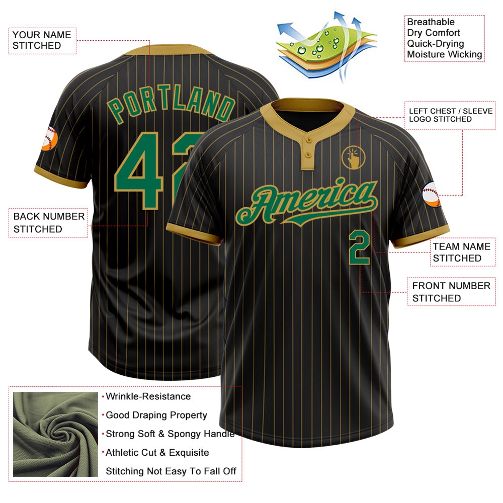 Black Old Gold Pinstripe Kelly Green Two Button Unisex Softball Jersey, Custom Team Softball Jersey Black Old Gold Pinstripe Kelly Green Two Button Unisex Softball Jersey, Custom Team Softball Jersey