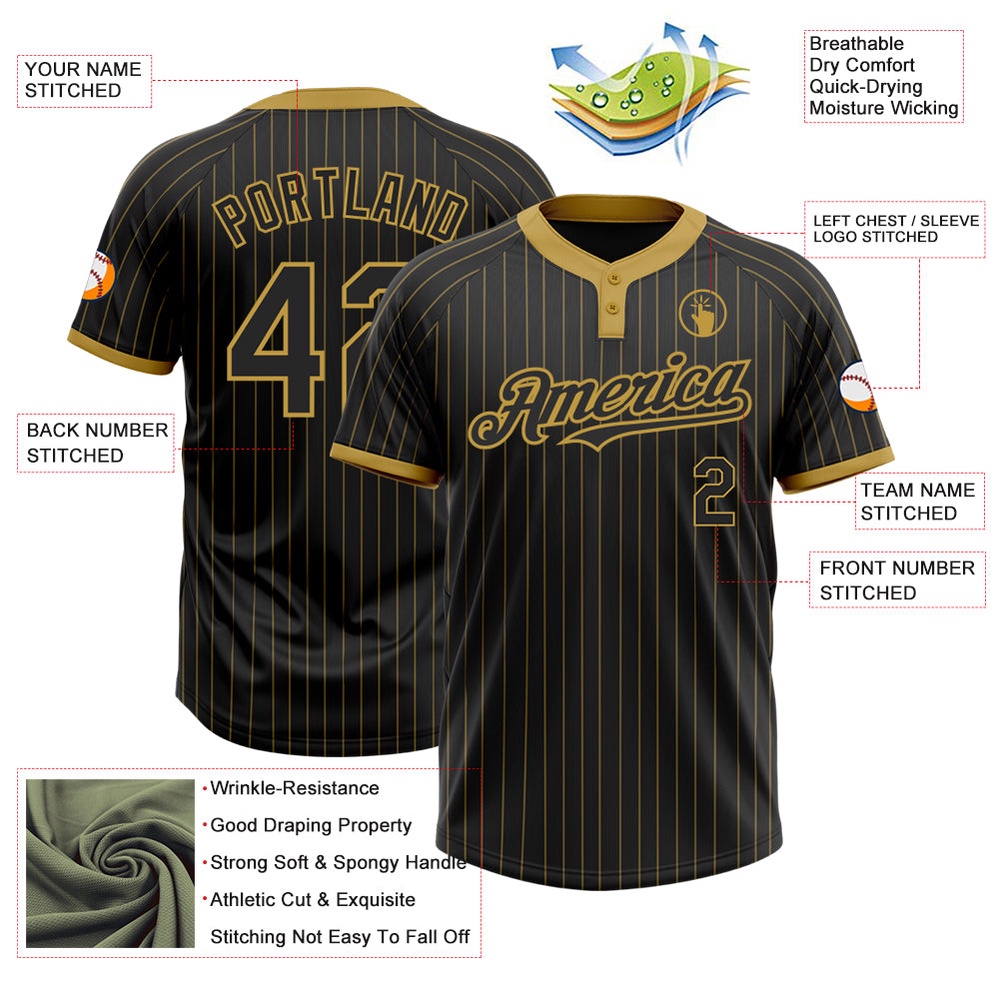 Black Old Gold Pinstripe Old Gold Two Button Unisex Softball Jersey, Custom Team Softball Jersey
