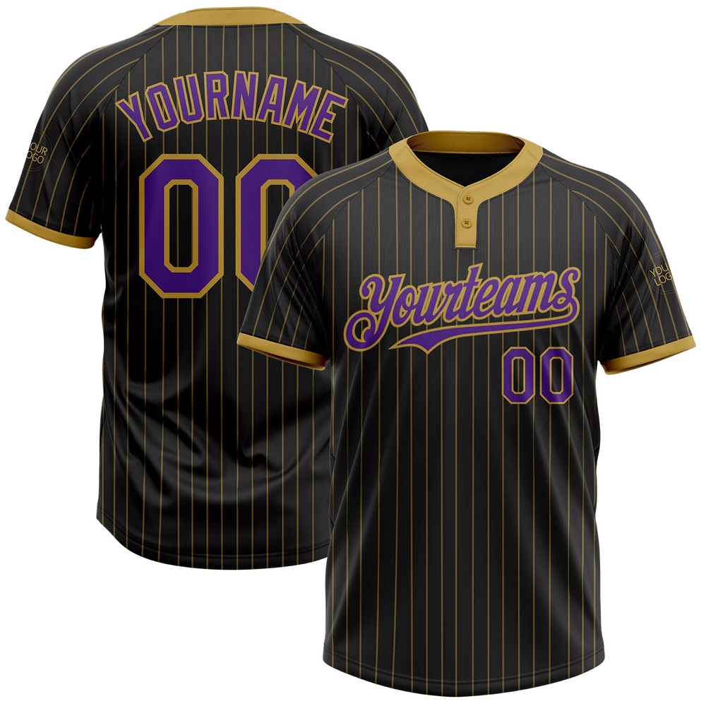 Black Old Gold Pinstripe Purple Two Button Unisex Softball Jersey, Custom Team Softball Jersey