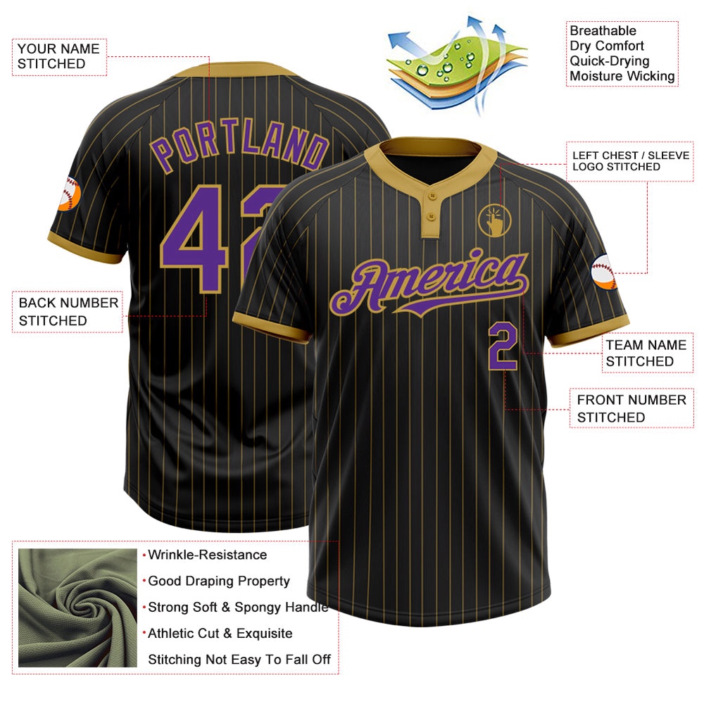 Black Old Gold Pinstripe Purple Two Button Unisex Softball Jersey, Custom Team Softball Jersey
