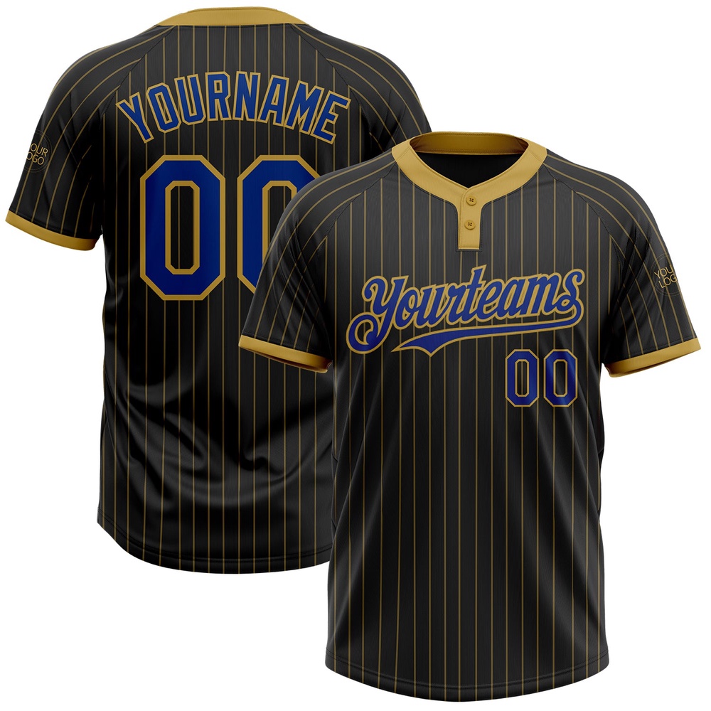 Black Old Gold Pinstripe Royal Two Button Unisex Softball Jersey, Custom Team Softball Jersey