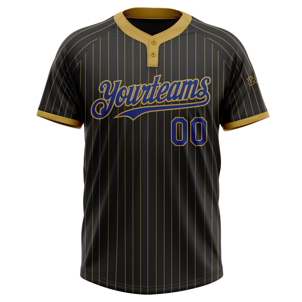 Black Old Gold Pinstripe Royal Two Button Unisex Softball Jersey, Custom Team Softball Jersey
