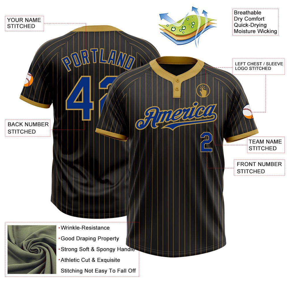 Black Old Gold Pinstripe Royal Two Button Unisex Softball Jersey, Custom Team Softball Jersey