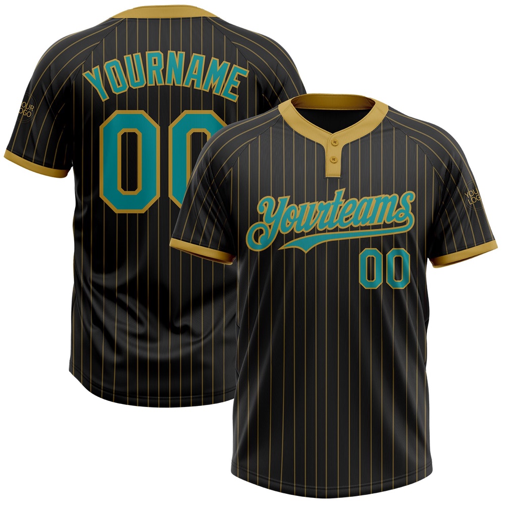 Black Old Gold Pinstripe Teal Two Button Unisex Softball Jersey, Custom Team Softball Jersey