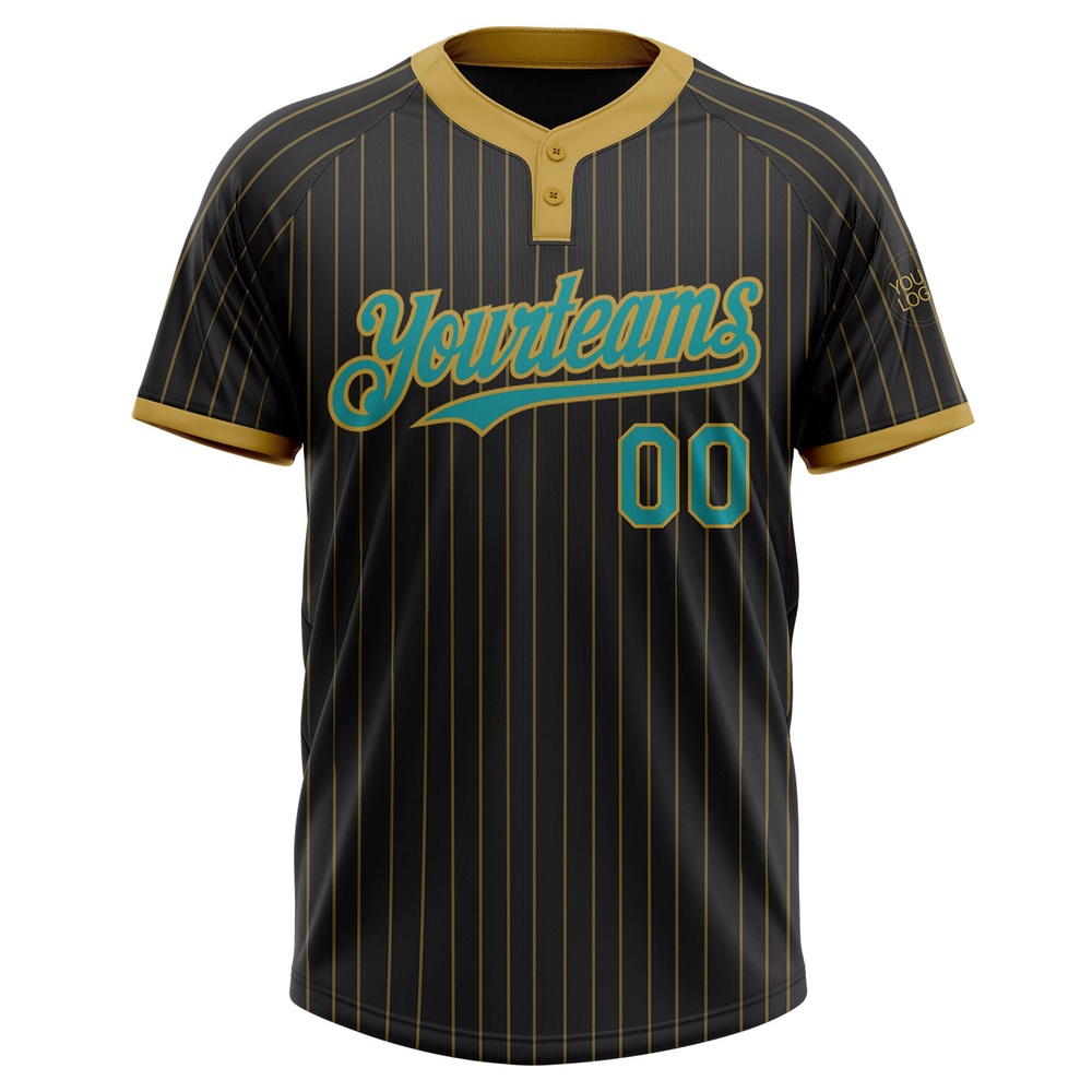 Black Old Gold Pinstripe Teal Two Button Unisex Softball Jersey, Custom Team Softball Jersey