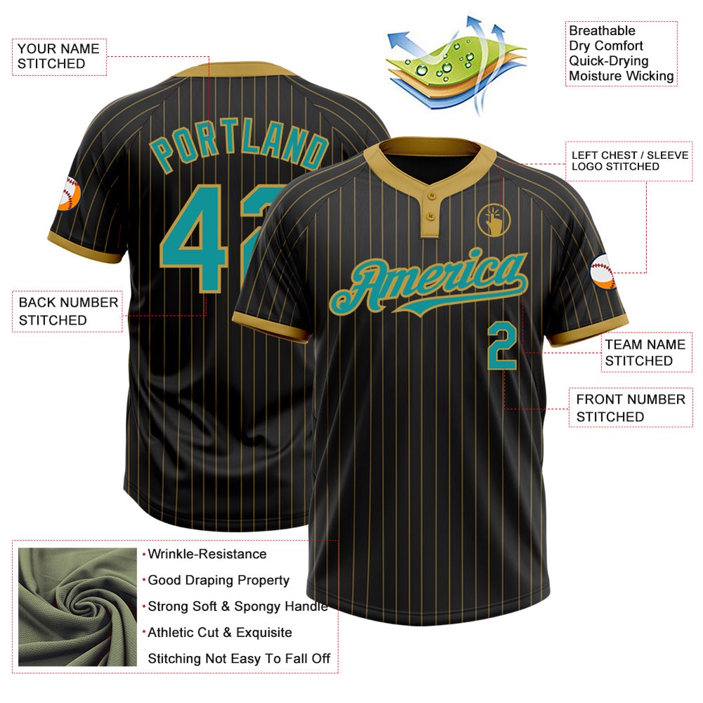 Black Old Gold Pinstripe Teal Two Button Unisex Softball Jersey, Custom Team Softball Jersey