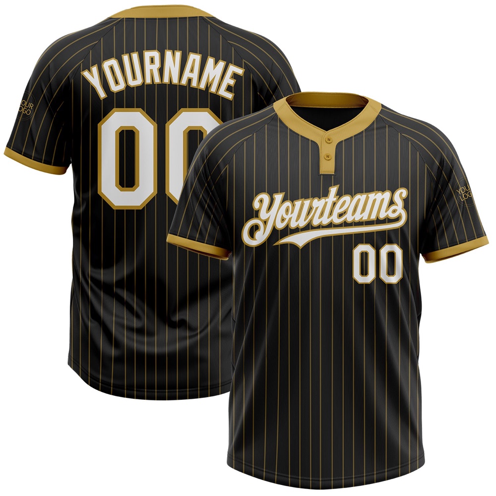 Black Old Gold Pinstripe White Two Button Unisex Softball Jersey, Custom Team Softball Jersey