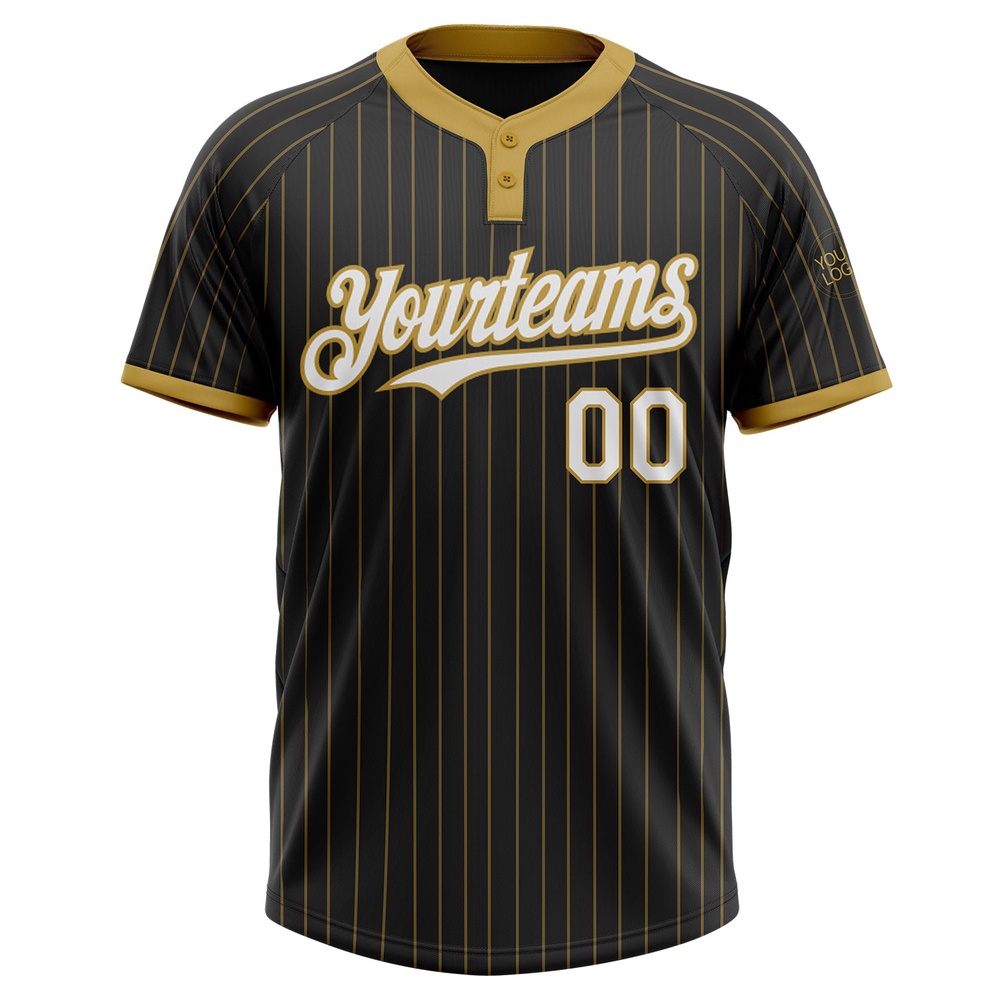Black Old Gold Pinstripe White Two Button Unisex Softball Jersey, Custom Team Softball Jersey